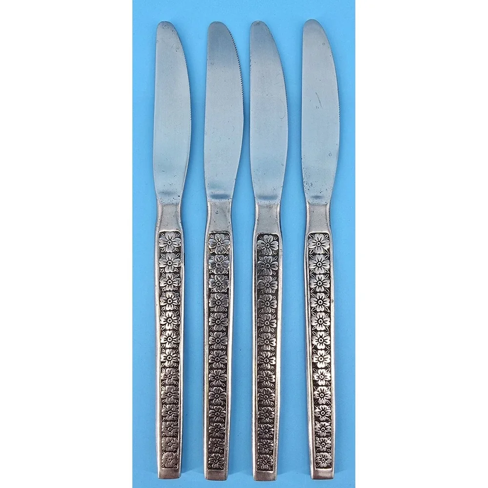 4 Hanford Forge Trocadero‎ Dinner Knives Floral Glossy Stainless Silverware Vtg
